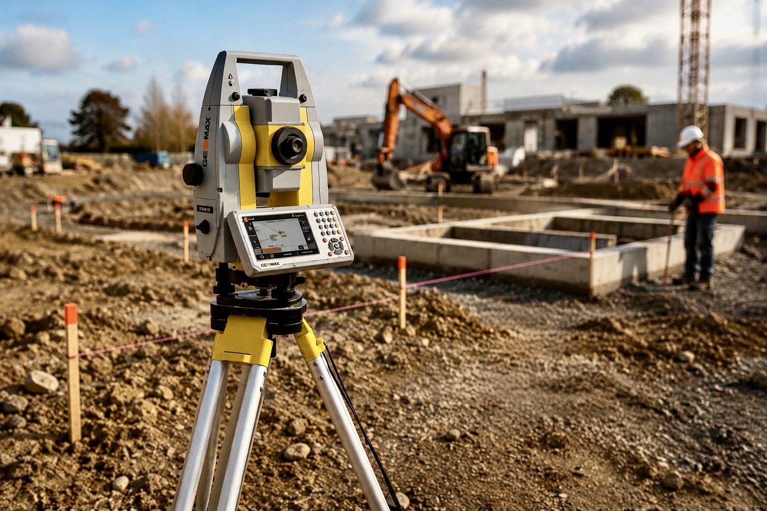 Station totale GeoMax sur chantier de fondations