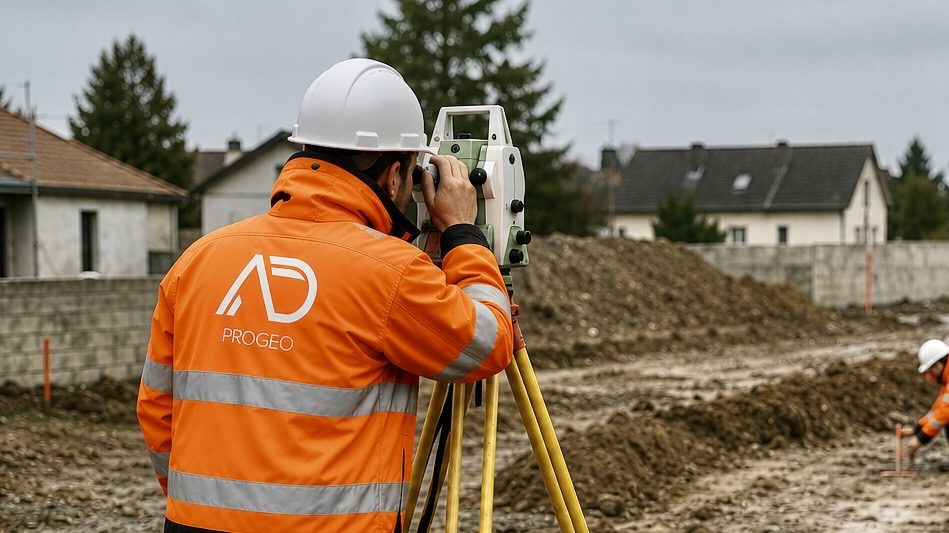 Géomètre ADPROGEO à la station totale sur chantier